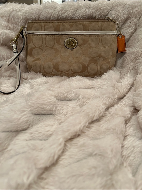 Coach Handbags - Tan and Cream Signature Coach Wristlet with Turnlock
